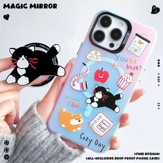 Magnetic Case for iPhone 16 15 14 13 12 Pro Max Plus, Magsafe, Drop Resistant Cover  With stand, Original Lovely Black cat - My Store